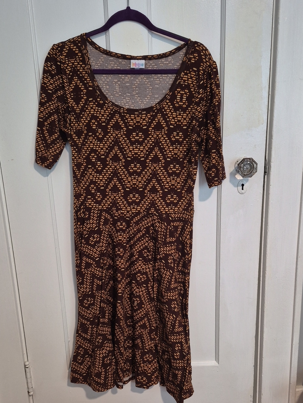 LuLaRoe Brown and Tan Patterned Midi Scoop Neck Dress